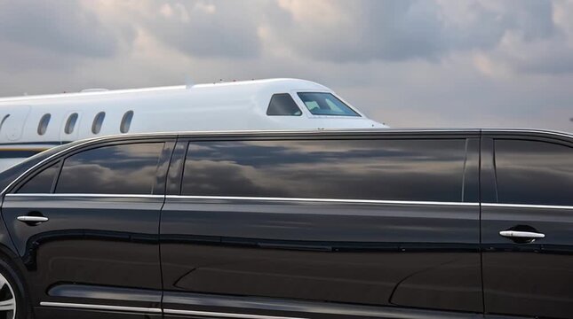View of black luxury limousine car with private white jet in the background at the airport, private luxury escort