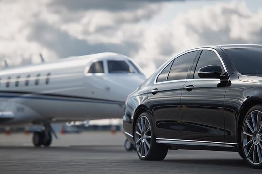 View of black luxury limousine car with private white jet in the background at the airport, private luxury escort