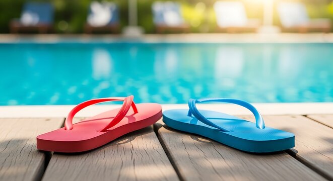 Red and blue flip flops on wooden deck near a swimming pool in bright sunlight during summer vacation - Powered by Adobe