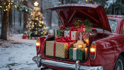 Classic red car trunk overflowing with Christmas gifts in a snowy winter wonderland, ready to deliver holiday joy and festive cheer this season - Powered by Adobe