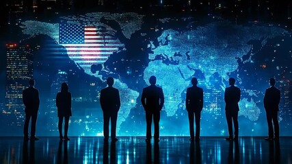 Execs viewing night map. Business leaders observe a digital world map highlighted by an American flag at night in a cityscape setting. - Powered by Adobe