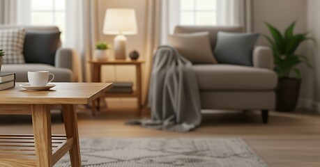 A cozy living room scene featuring a coffee cup on a wooden table with sofas and a plant in the background