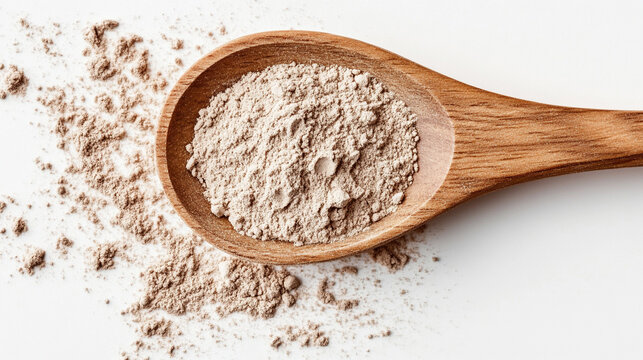Wooden spoon filled with light beige powder representing cooking ingredients culinary use natural spices and wholesome food preparation in a minimalistic clean food concept - Powered by Adobe