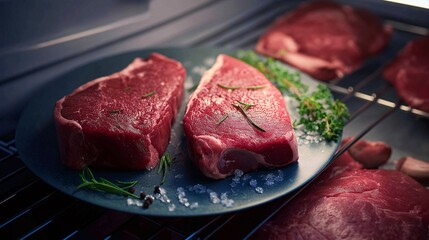 Close-up of fresh raw beef steaks on plate with herbs and spices