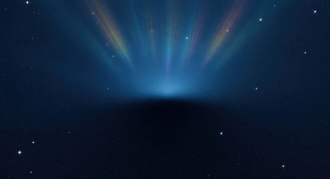 Soft multicolored rays rising from a dark central cosmic shadow against a rich star field, forming a smooth gradient backdrop designed for clean text placement