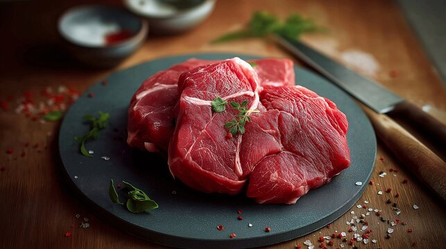 Fresh raw beef steaks on black plate with herbs and spices closeup