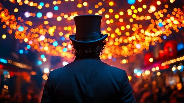 Man in top hat at festive night market. A man in a top hat stands with his back to vibrant lights at a lively night market filled with colors and excitement.