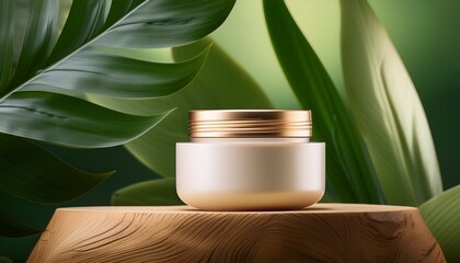 elegant skincare cream jar presented on natural wood podium with lush green leaves beauty product promotion