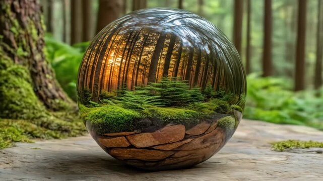 A glass sphere reflects a forest scene trees, moss, and sunlight. It sits on a stone surface