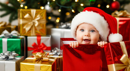 Caucasian baby in a red Santa hat peeking from a red gift box, smiling with big kind eyes among presents and a glowing Christmas tree