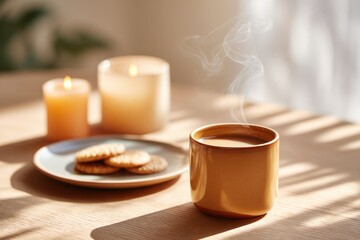 Fototapeta premium Cozy scene with candles and tea on wooden table