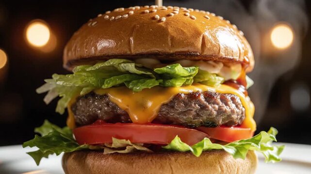 Juicy cheeseburger with fresh lettuce, tomato, and condiments on a plate, surrounded by soft lighting