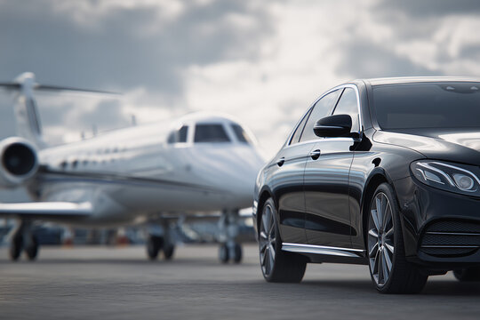 View of black luxury limousine car with private white jet in the background at the airport, private luxury escort