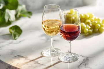 Naklejka premium Elegant wine glasses on marble countertop