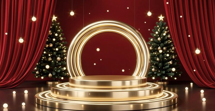 Golden podium on the red with green background - Powered by Adobe