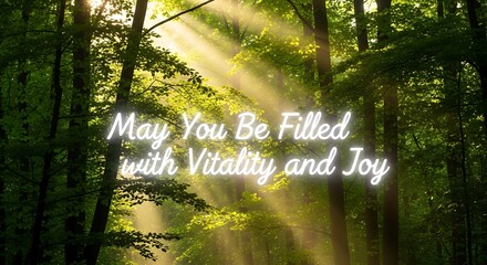Sunlight streaming through trees with inspirational message of vitality and joy in forest scene