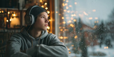 Melancholic teen in headphones gazes in rainy window with festive lights bokeh. Somber winter music introspection vibe.