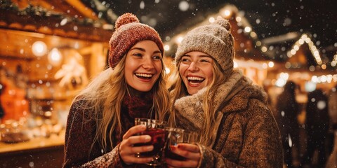 Two friends in cozy coats toast with mulled wine at festive market. Concept: togetherness, winter warmth, joy, celebration, bonding, night lights, urban holiday mood, Christmas cheer.