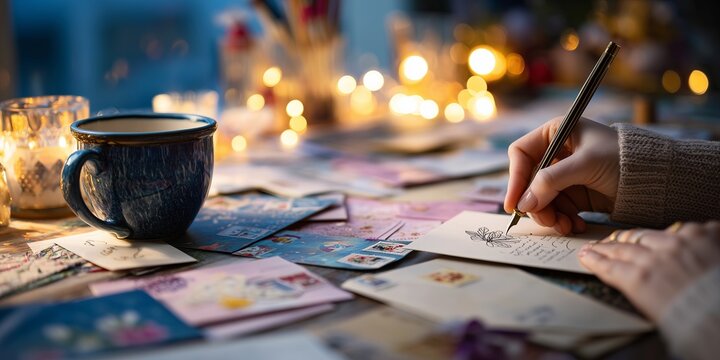 Hands in knit sleeves write Christmas card with gold pen amid lantern fairy lights. Thoughtful holiday greetings, warm personal tradition vibe.