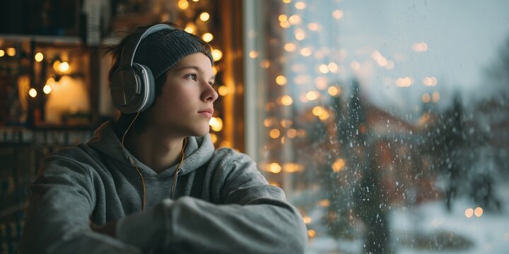Melancholic teen in headphones gazes in rainy window with festive lights bokeh. Somber winter music introspection vibe.