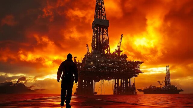 Sunset over offshore oil rig with worker. A worker stands on a platform, gazing at an oil rig during a vibrant sunset with colorful skies and ocean waves.