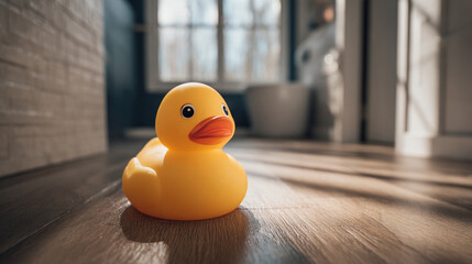Cute yellow rubber duck toy placed on the floor, evoking playful charm, childhood nostalgia, and whimsical simplicity in a fun, colorful setting.