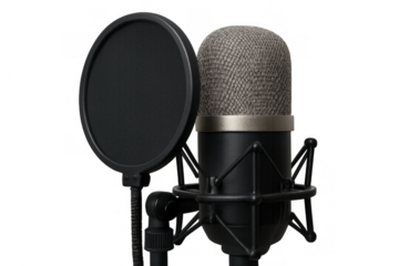 Studio condenser microphone with pop filter, capturing audio for podcasting, broadcasting, recording, blogging, livestreaming on transparent background