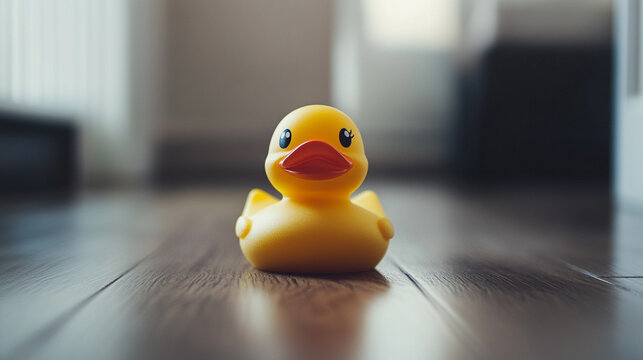 Cute yellow rubber duck toy placed on the floor, evoking playful charm, childhood nostalgia, and whimsical simplicity in a fun, colorful setting. - Powered by Adobe