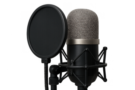 Studio condenser microphone with pop filter, capturing audio for podcasting, broadcasting, recording, blogging, livestreaming on transparent background