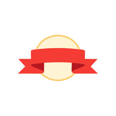 Red banner ribbon on gold circle with light beige fill on a white background