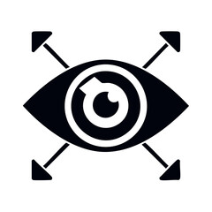 Eye icon with arrows indicating focus, concept of vision, observation, and attention.