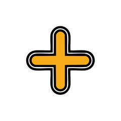 Geometric plus sign illustration with yellow fill and black outline, mathematics symbol
