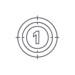 Number one in target icon, symbolizing initial goal, first step, primary objective, or successful achievement. Clean line art design.