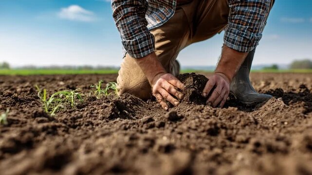 Medium shot of a gardener nurturing plants with natural compost under a clear sky emphasizing organic biodynamic practices for healthy soil and thriving crops.