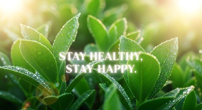 Close up of green leaves with water droplets and text overlay stay healthy stay happy message in nature