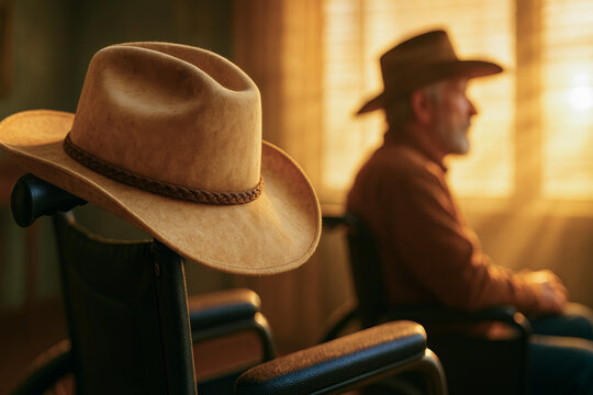 Cowboy hat hanging on wheelchair handle with elderly man in background