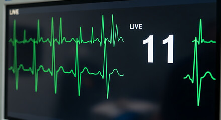 Closeup of a medical monitor displaying a live heart rate reading of 11