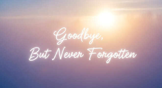 Goodbye but never forgotten text over soft pastel sky with bright light in background is visible
