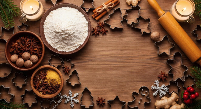 Christmas baking background with flour spices and cookie cutters top view flat lay image - Powered by Adobe