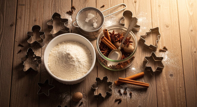 Baking christmas cookies ingredients flour cinnamon star anise nutmeg cloves on wood table top view