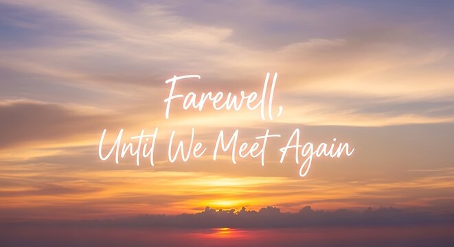 Farewell until we meet again text over a sunset with clouds and a bright sun on the horizon line