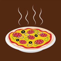 Delicious Italian pizza on a white plate, steaming, sausage, pepper, cheese, ketchup, sauce, onions, olives