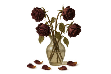 Dried roses in a glass vase with fallen petals, symbolizing memory, decay, and past love on a transparent background