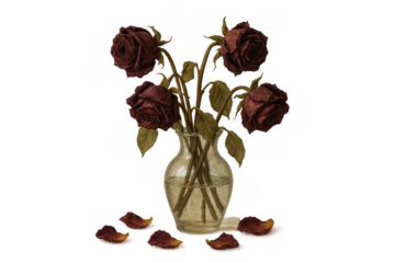 Dried roses in a glass vase with fallen petals, symbolizing memory, decay, and past love on a transparent background