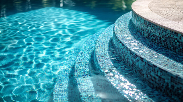 Swimming pool area with mosaic-tiled sides and azure water representing active recreation relaxation and leisure in a bright modern environment ideal for swimming and outdoor enjoyment - Powered by Adobe