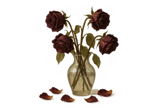 Dried roses in a glass vase with fallen petals, symbolizing memory, decay, and past love on a transparent background