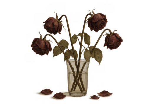 Dried roses in vase representing love, loss, melancholy, decay, and the passage of time over a transparent background