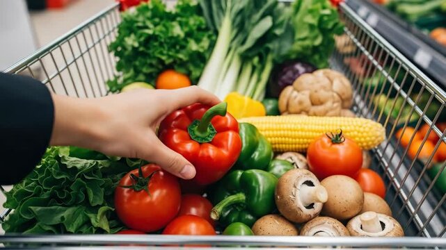 closeup of hand selecting red bell pepper from cart full of fresh vegetables. grocery shopping in supermarket for healthy diet and plant-based lifestyle.