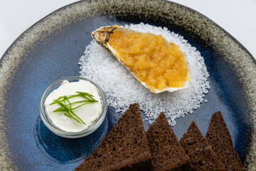 Closeup oyster shell with orange caviar on sea salt, with rye toasts and sour cream