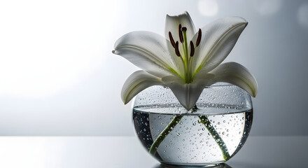 White Lily in Glass Vase on Soft Gradient Background
